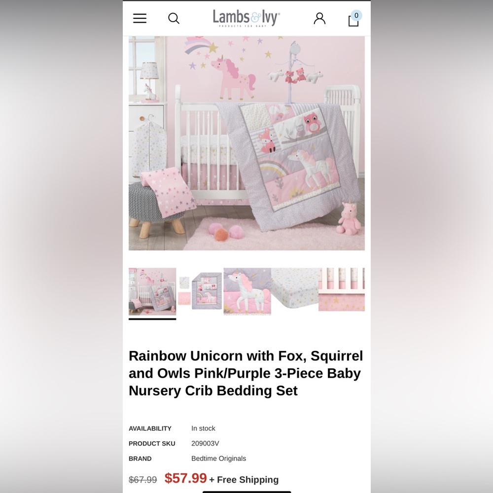 Lambs & Ivy Nursery Unicorn Crib Set ~ Pink Purple Fox